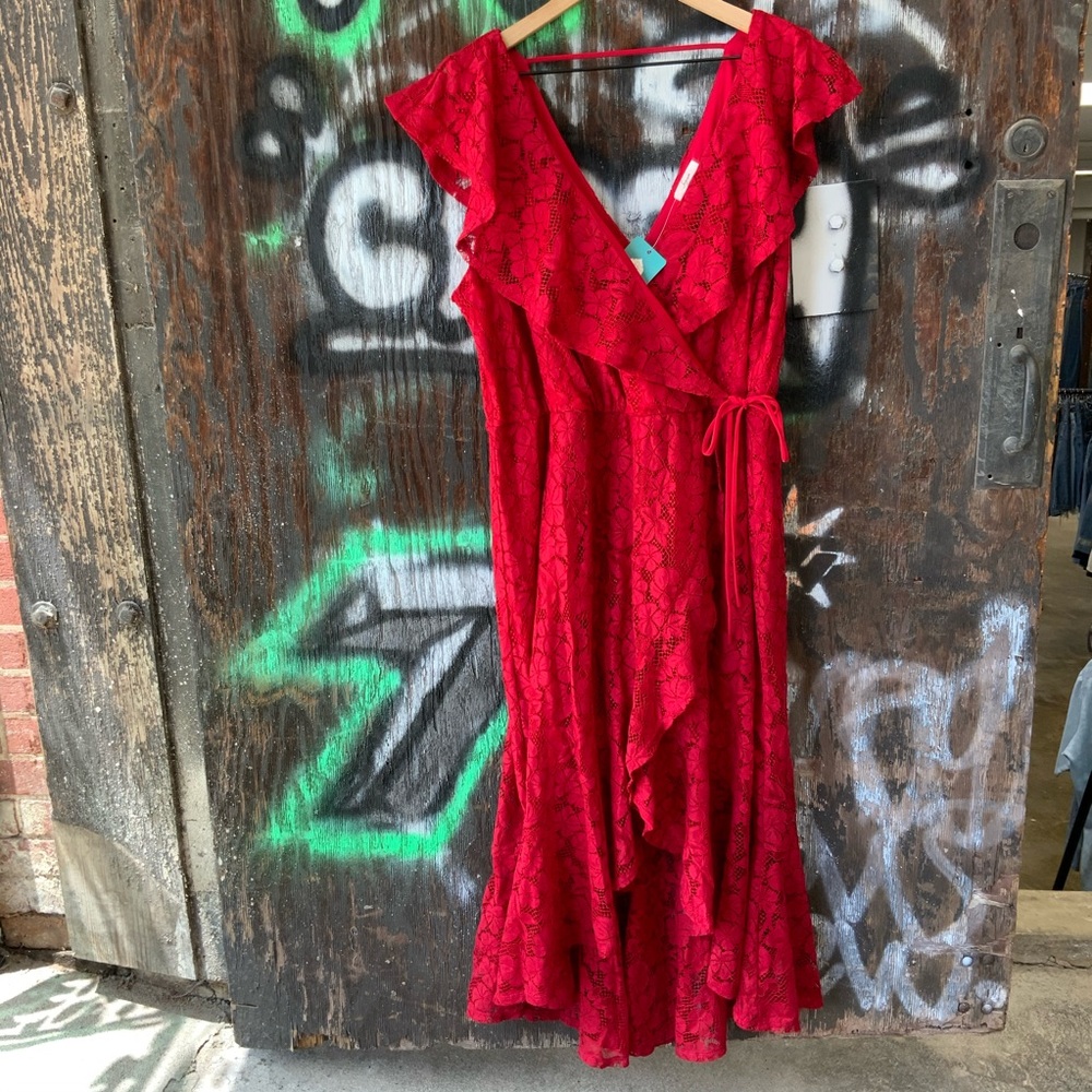 NWT Red Ruffle Lace Wrap Midi Asymmetrical Dress - OBO!!